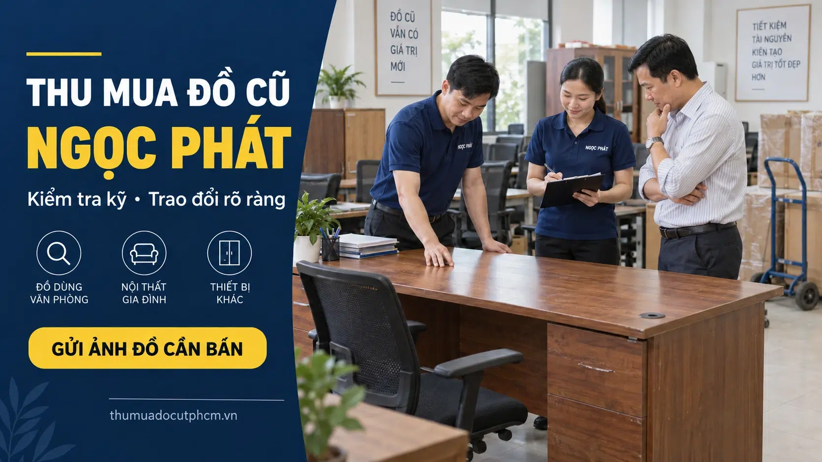 Ảnh nhân viên Ngọc Phát cùng khách hàng kiểm tra bàn làm việc cũ